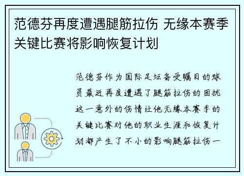 范德芬再度遭遇腿筋拉伤 无缘本赛季关键比赛将影响恢复计划